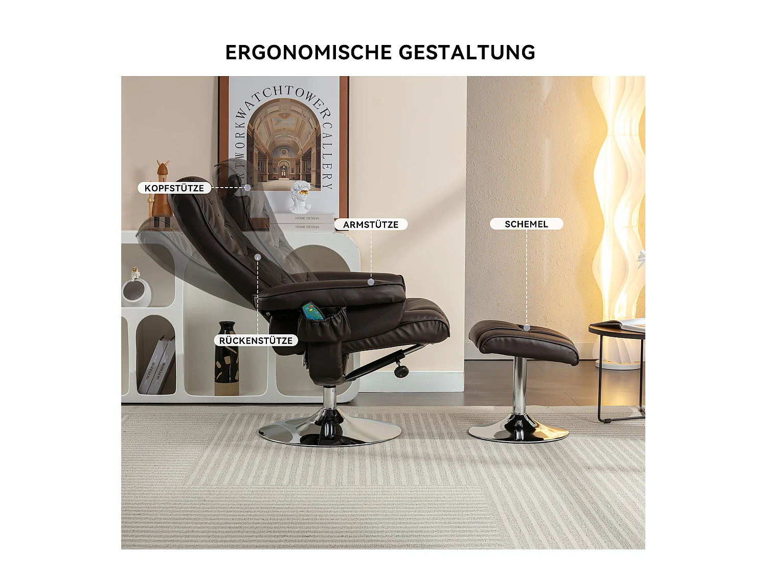Fauteuil massaggio PU avec repose-pieds 5 punti pour salon chambre brun
