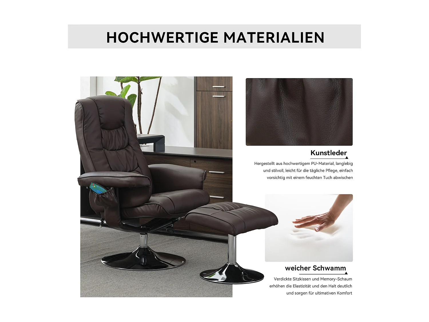 Sillón de masaje de PU con reposapiés de 5 puntos para sala de estar y dormitorio, color marrón