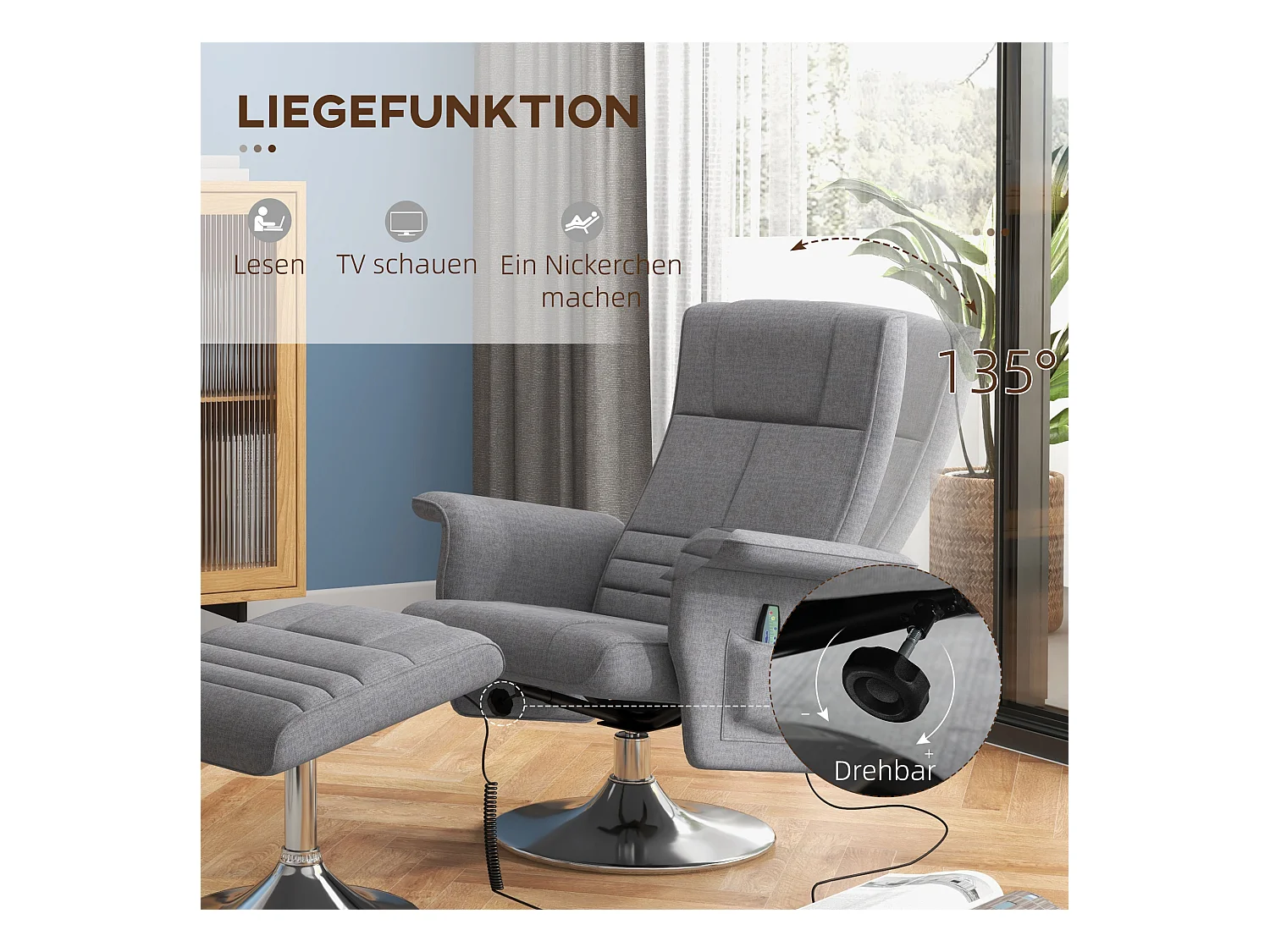Sillón reclinable eléctrico con reposapiés lino vibración masaje TV gris oscuro