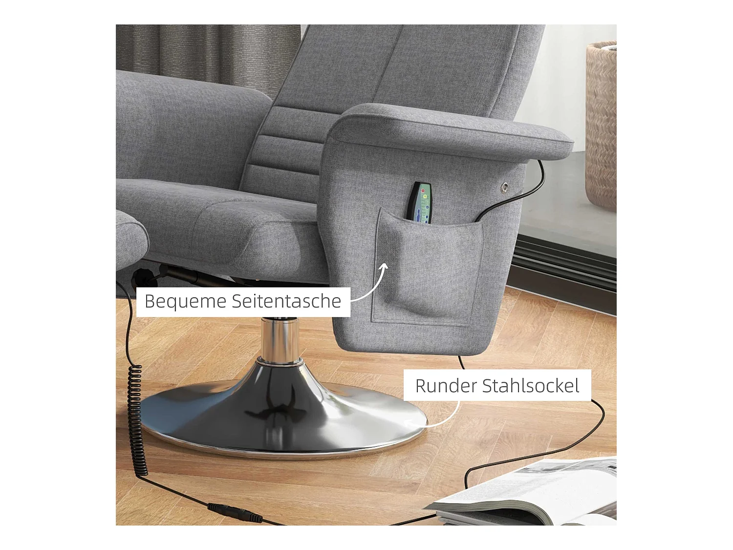 Sillón reclinable eléctrico con reposapiés lino vibración masaje TV gris oscuro