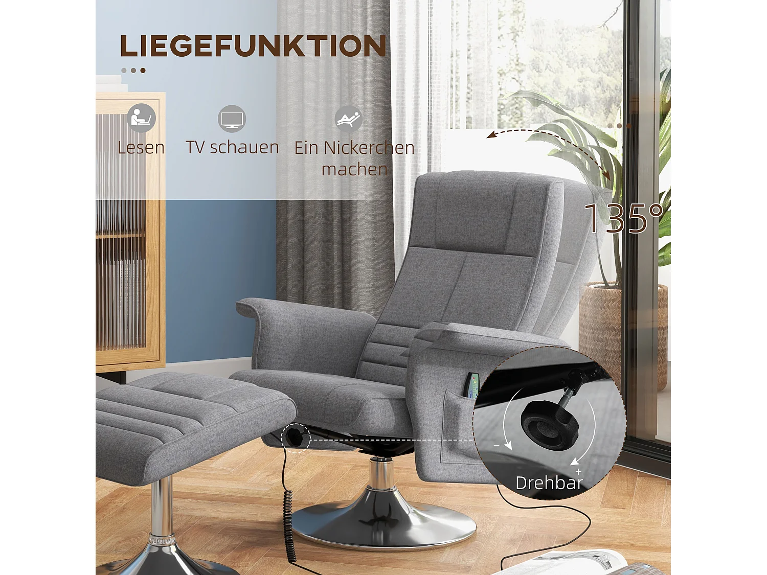 Fauteuil relax électrique avec repose-pieds lin vibrazione massaggio TV gris foncé