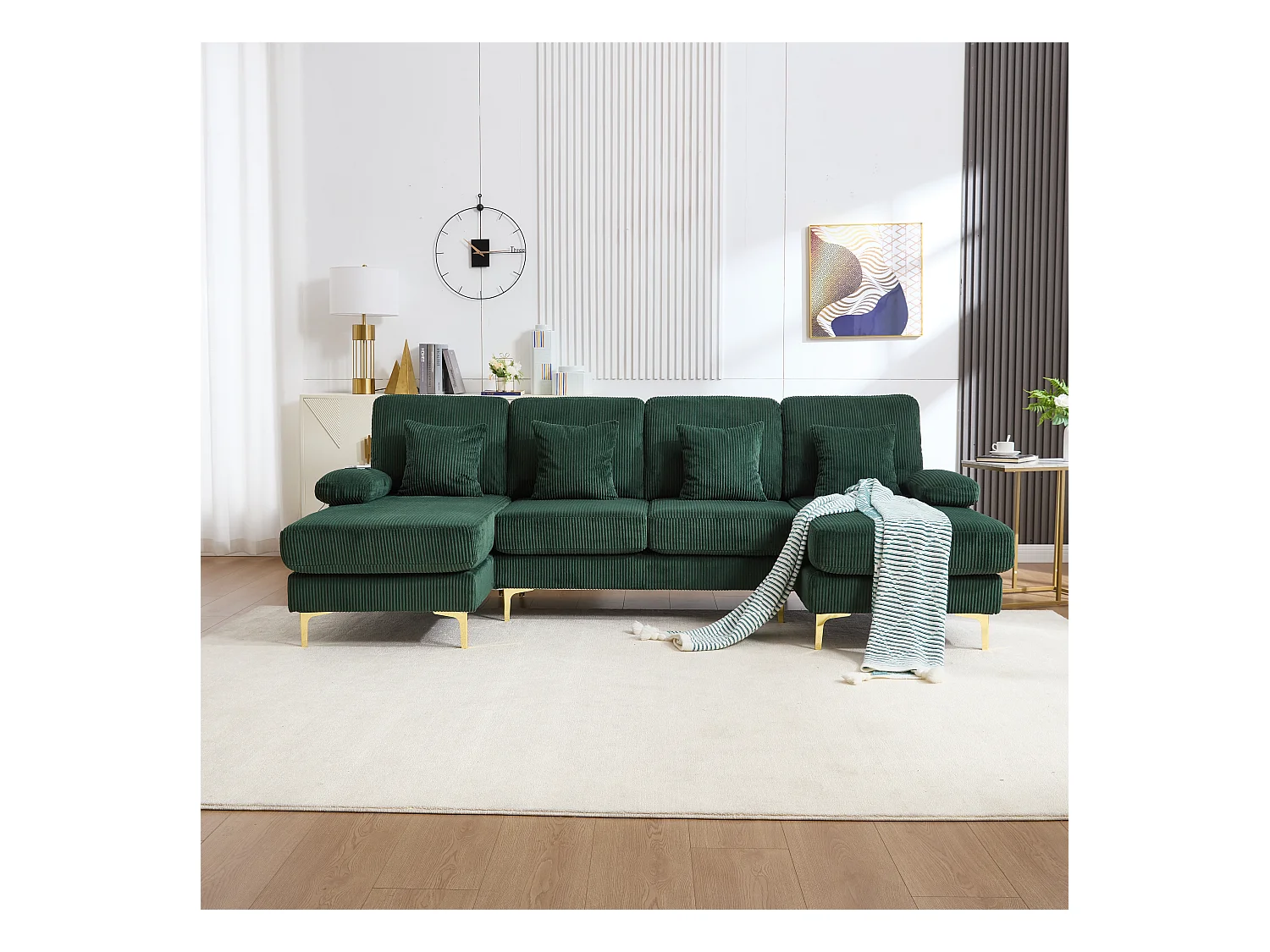 Moderno sofá esquinero de terciopelo en forma de U con LED y puerto USB para salón, 4 cojines, verde oscuro