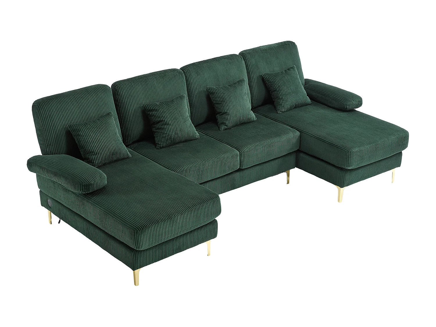 Moderno sofá esquinero de terciopelo en forma de U con LED y puerto USB para salón, 4 cojines, verde oscuro