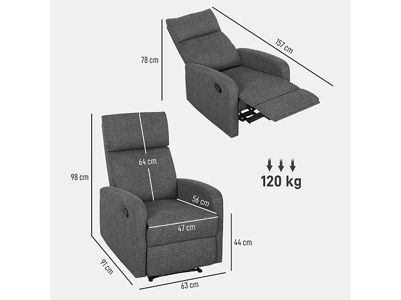 Fauteuil relax inclinabile tissu gris avec repose-pieds réglable confortable salon moderne 63x91x98 cm