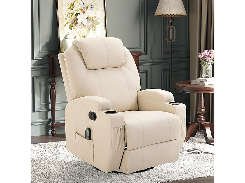 Fauteuil relax électrique cuir synthétique crème massaggio 5 modalità inclinabile 165°