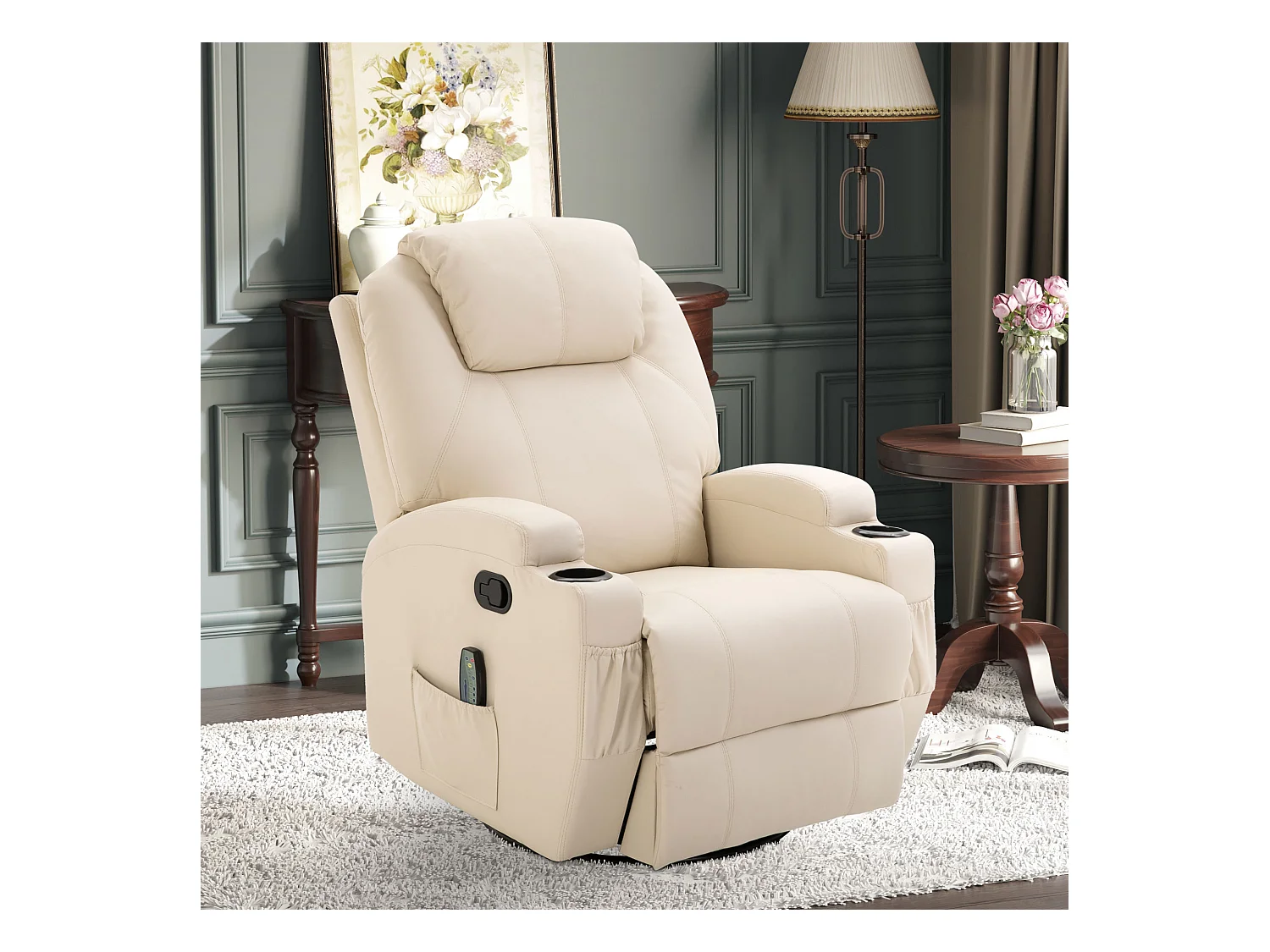 Poltrona elétrica de relaxamento em couro sintético creme com massagem, 5 modos, reclinação de 165°
