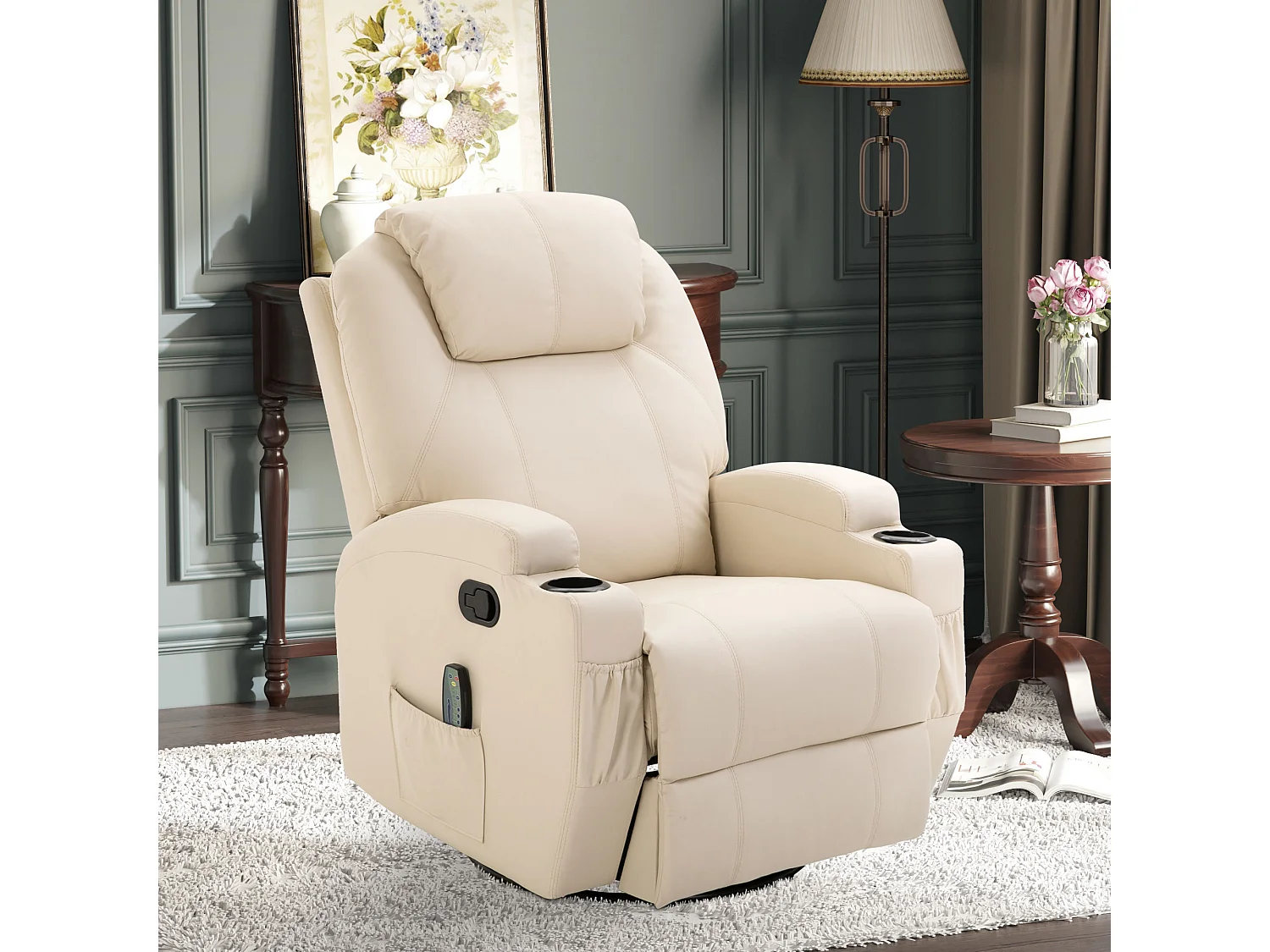 Fauteuil relax électrique cuir synthétique crème massaggio 5 modalità inclinabile 165°