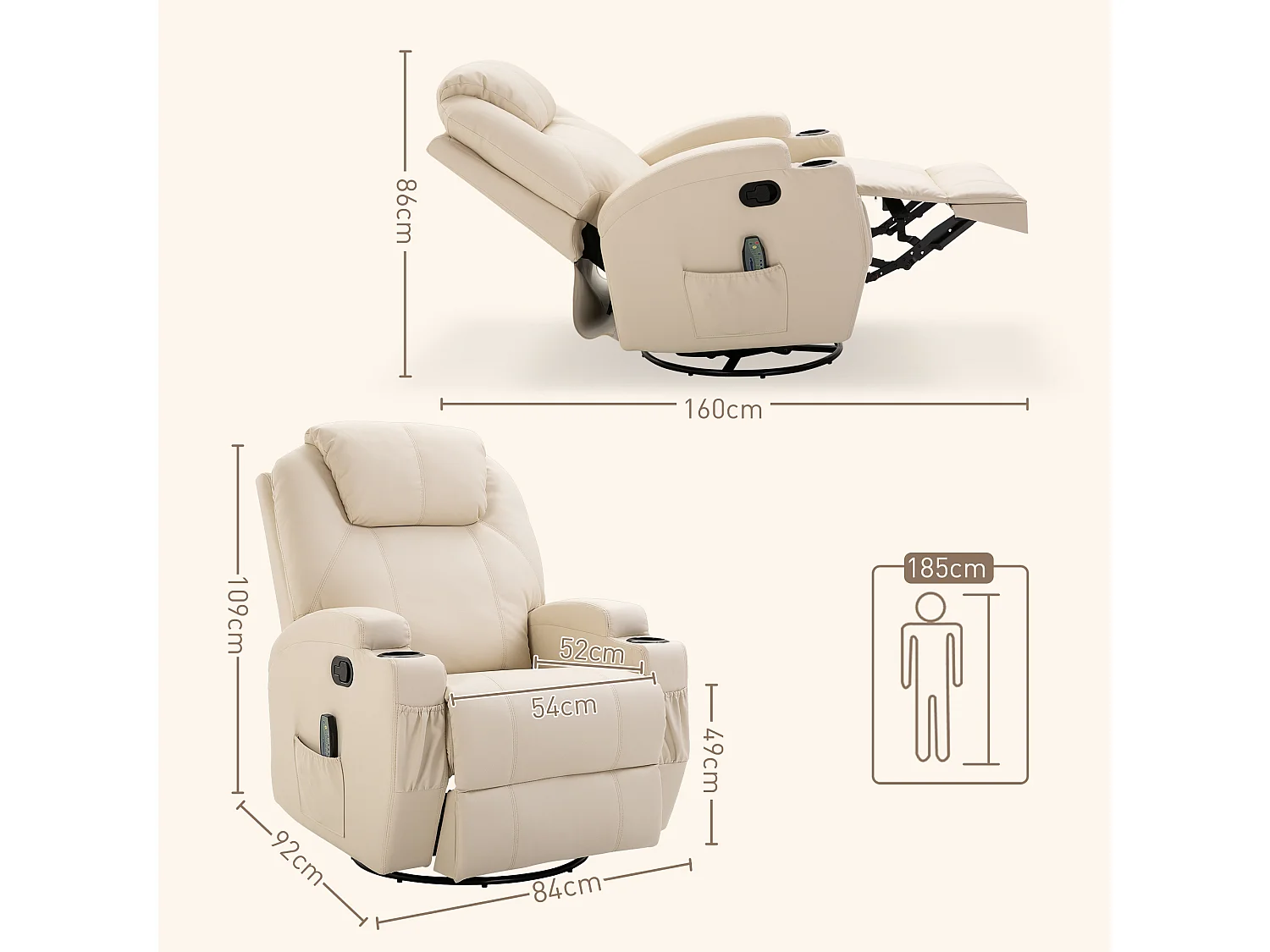 Fauteuil relax électrique cuir synthétique crème massaggio 5 modalità inclinabile 165°