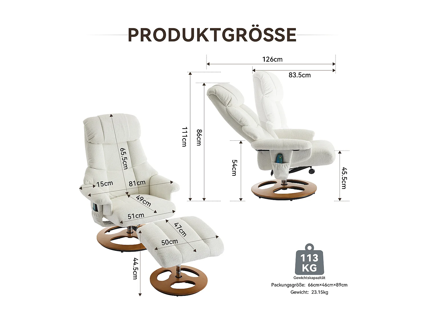 Fauteuil Relax Massant con Chauffage et Repose-Pieds, Pivot 360°, Chenille, Salon et Bureau, Bianco