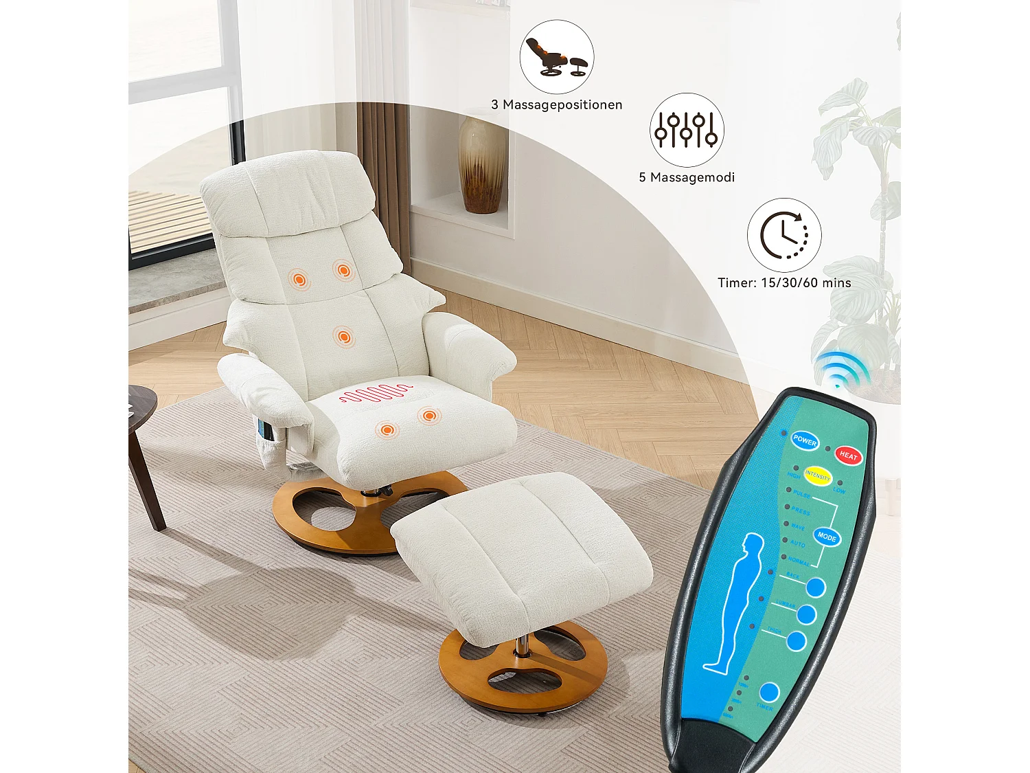 Fauteuil Relax Massant con Chauffage et Repose-Pieds, Pivot 360°, Chenille, Salon et Bureau, Bianco