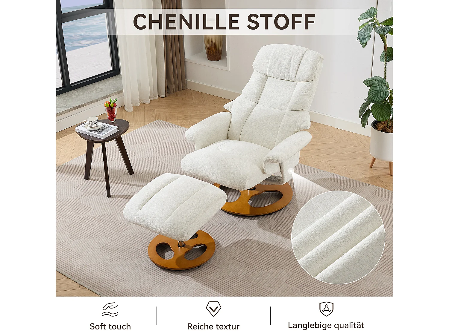 Fauteuil Relax Massant con Chauffage et Repose-Pieds, Pivot 360°, Chenille, Salon et Bureau, Bianco