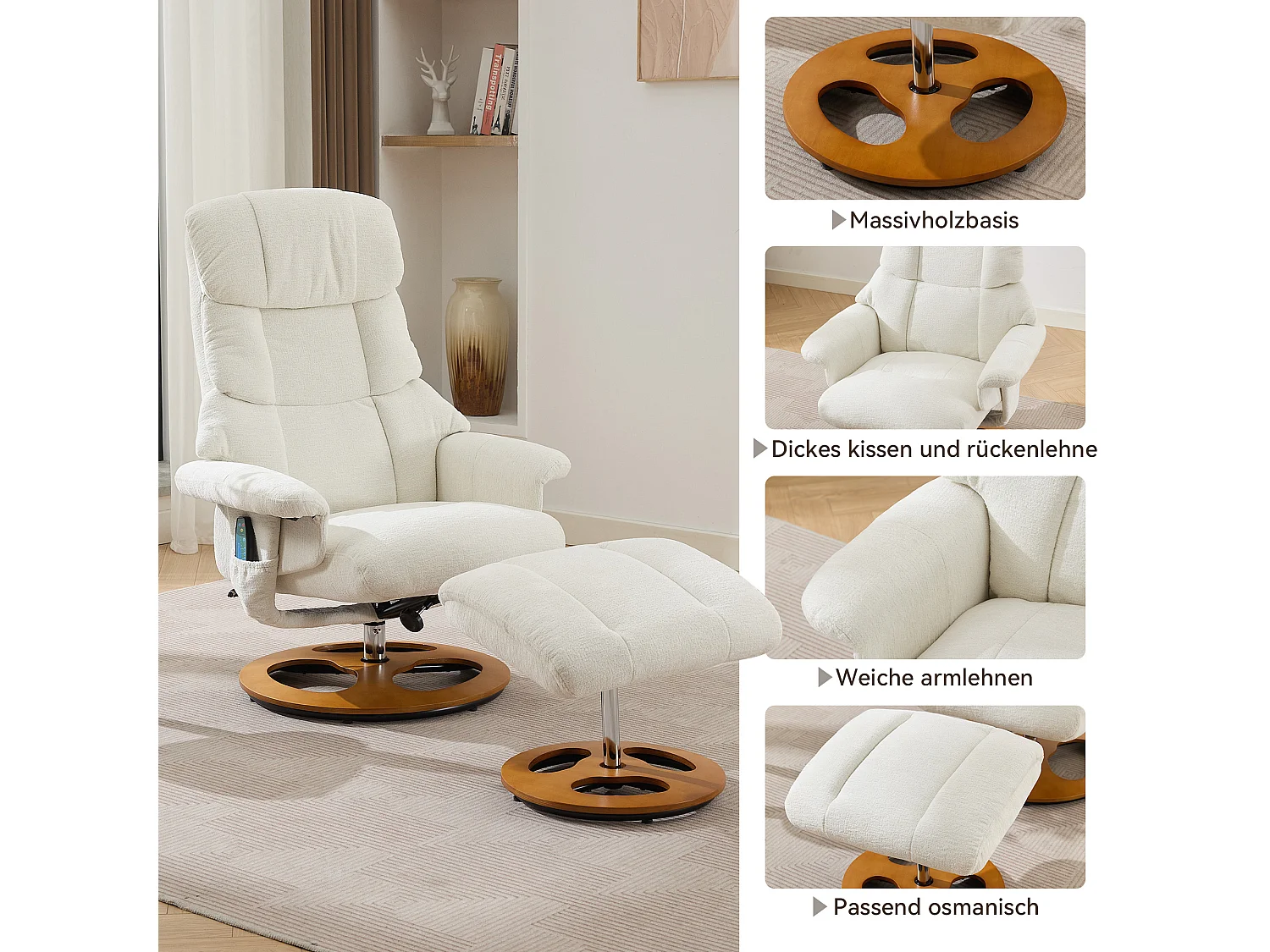 Fauteuil Relax Massant con Chauffage et Repose-Pieds, Pivot 360°, Chenille, Salon et Bureau, Bianco