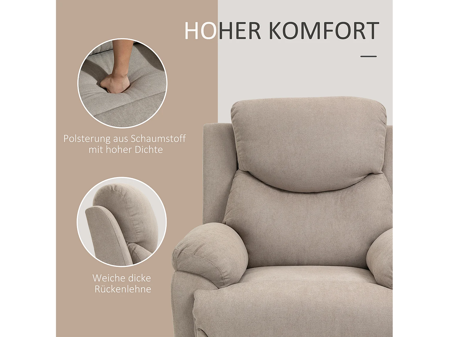 Fauteuil relax beige inclinabile 150° en lin, confortevole e robusto, 97x96x105,5 cm