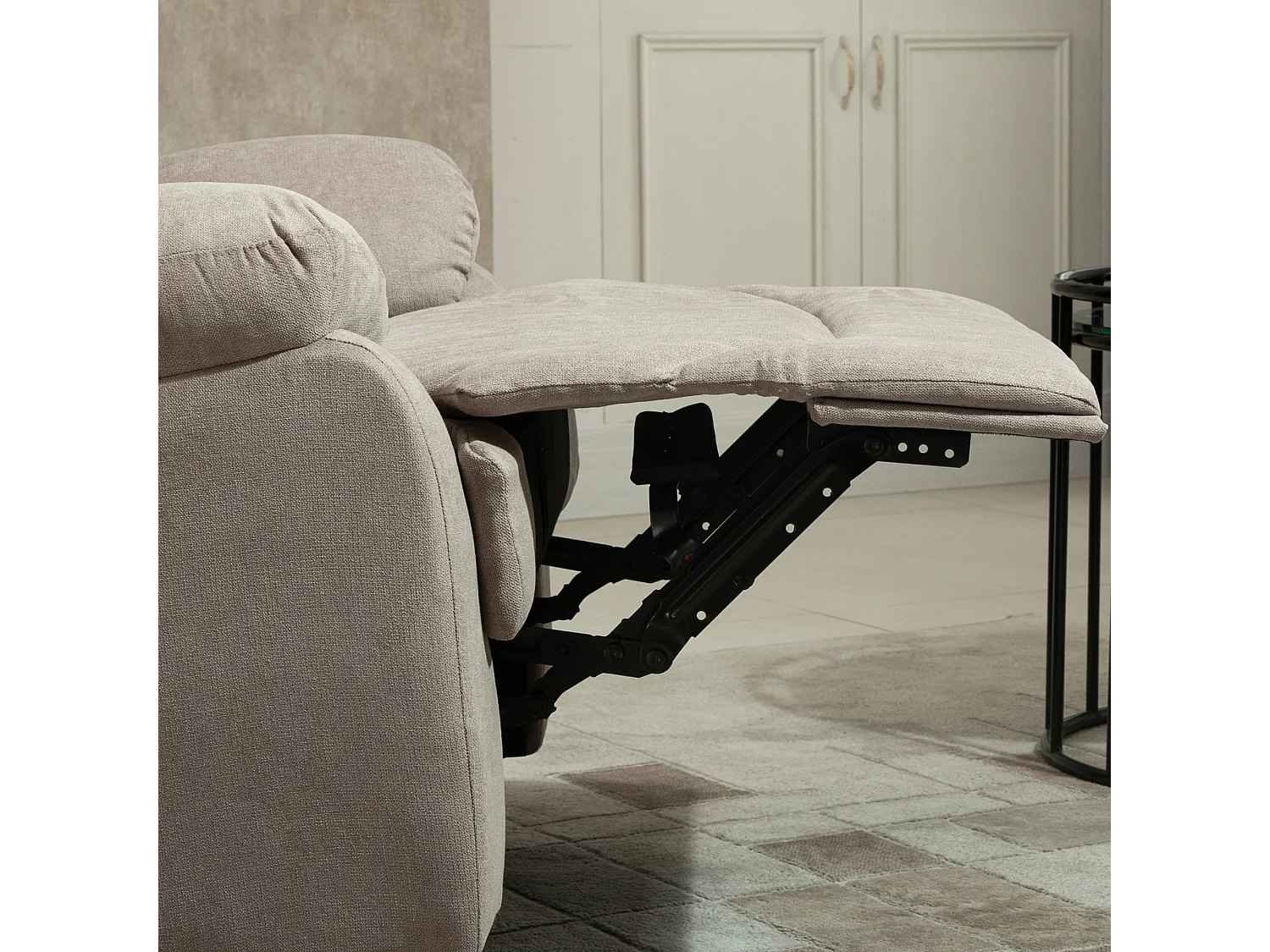 Fauteuil relax beige inclinabile 150° en lin, confortevole e robusto, 97x96x105,5 cm