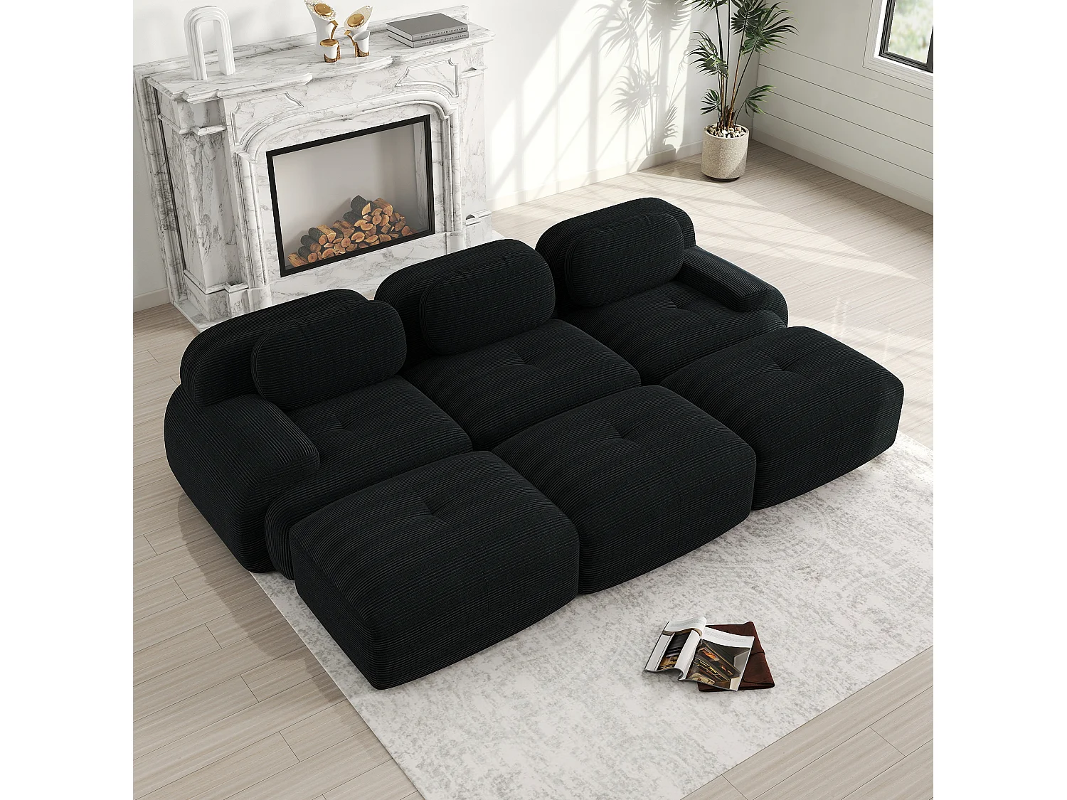 Canapé modulabile a 3 posti con pouf in velluto rivestito ergonomico senza montaggio per salone camera nera