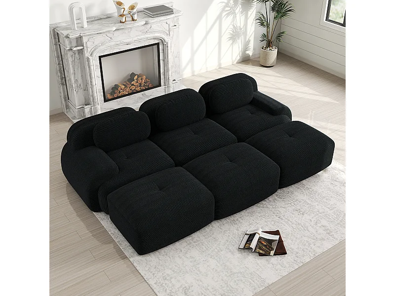 Canapé modulabile a 3 posti con pouf in velluto rivestito ergonomico senza montaggio per salone camera nera