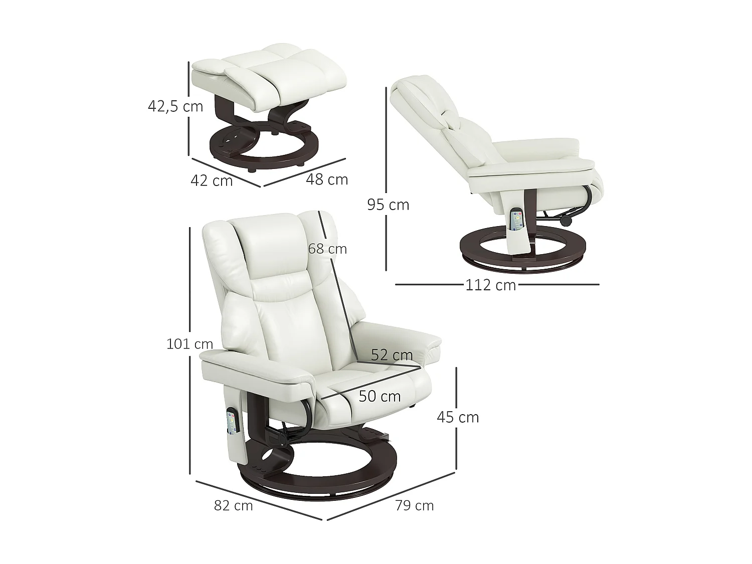 Fauteuil TV électrique inclinable con repose-pieds et Massage cuir synthétique crème 79x82x101 cm