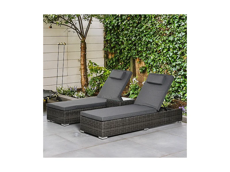 Transat polyrattan 3 pezzi con tavolo e cuscini, cartella regolabile, alluminio grigio 60x195x86 cm