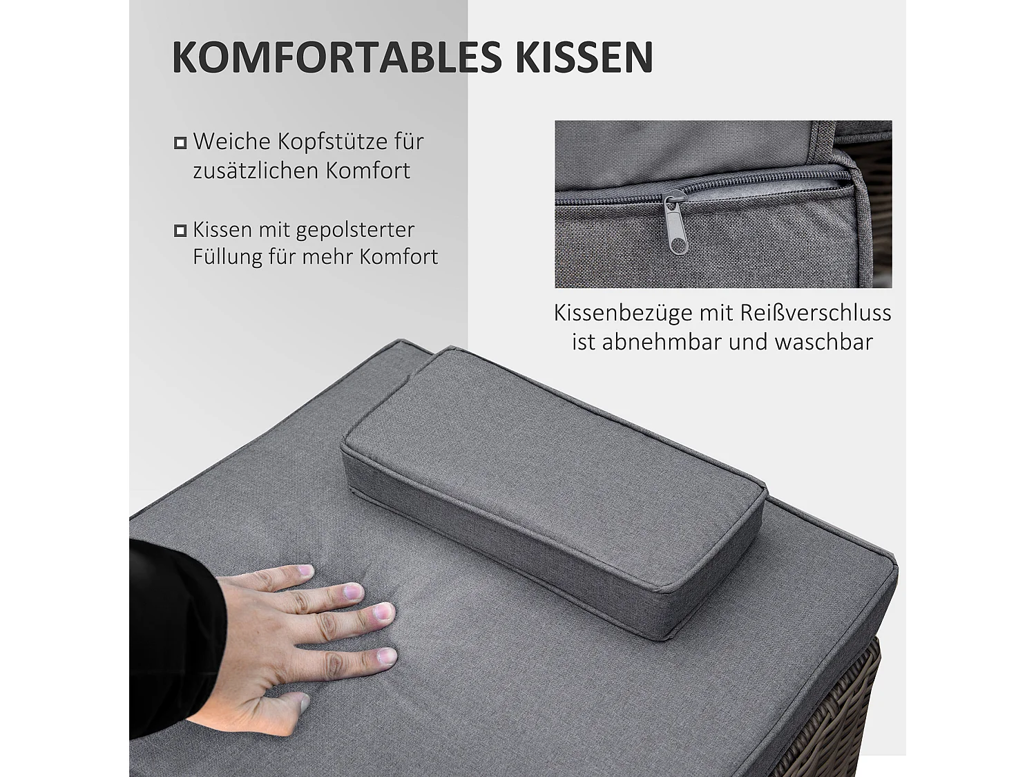 Tumbona de polirratán de 3 piezas con mesa y cojines, respaldo regulable, aluminio gris 60x195x86 cm