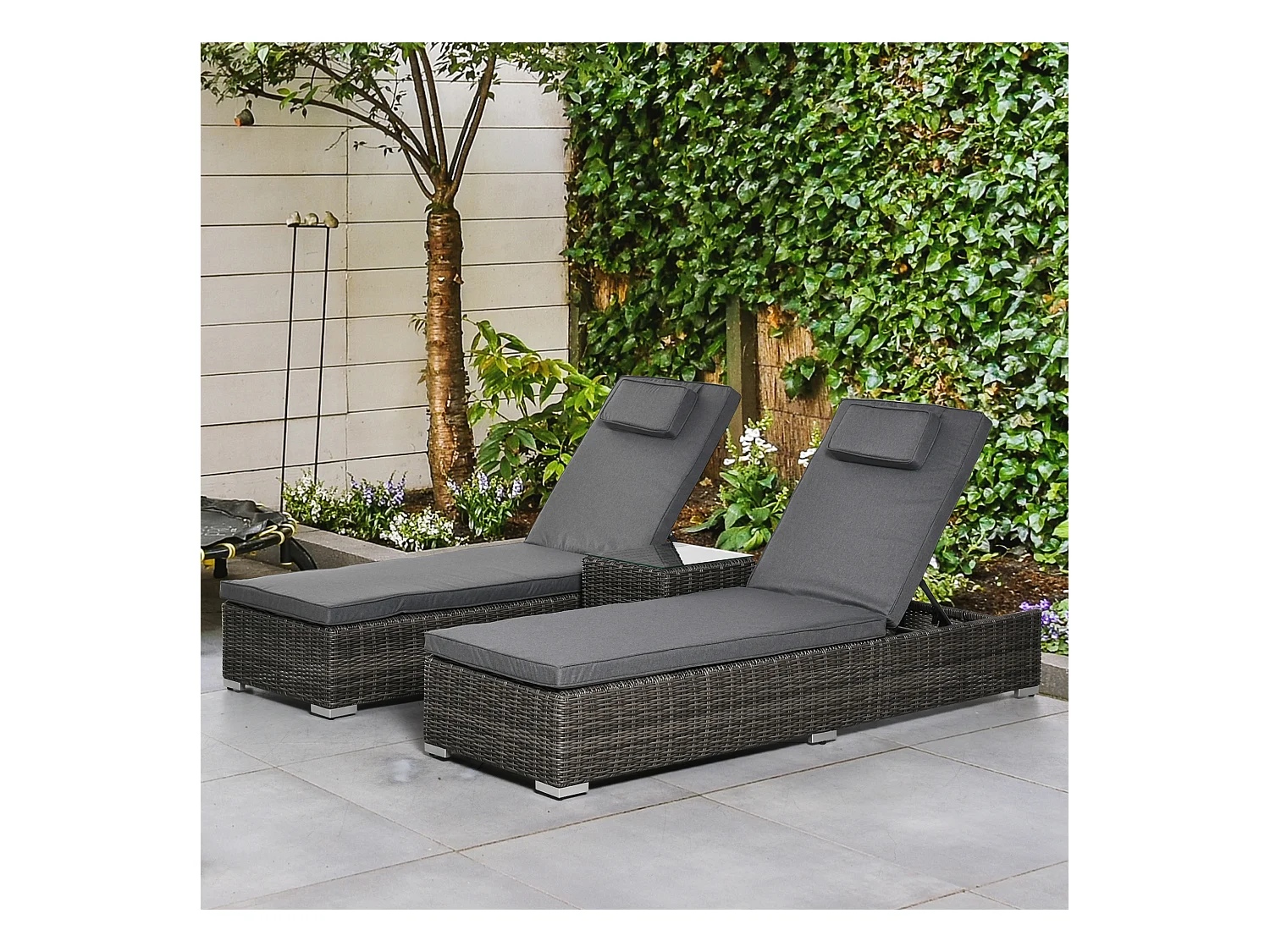 Transat polyrattan 3 pezzi con tavolo e cuscini, cartella regolabile, alluminio grigio 60x195x86 cm