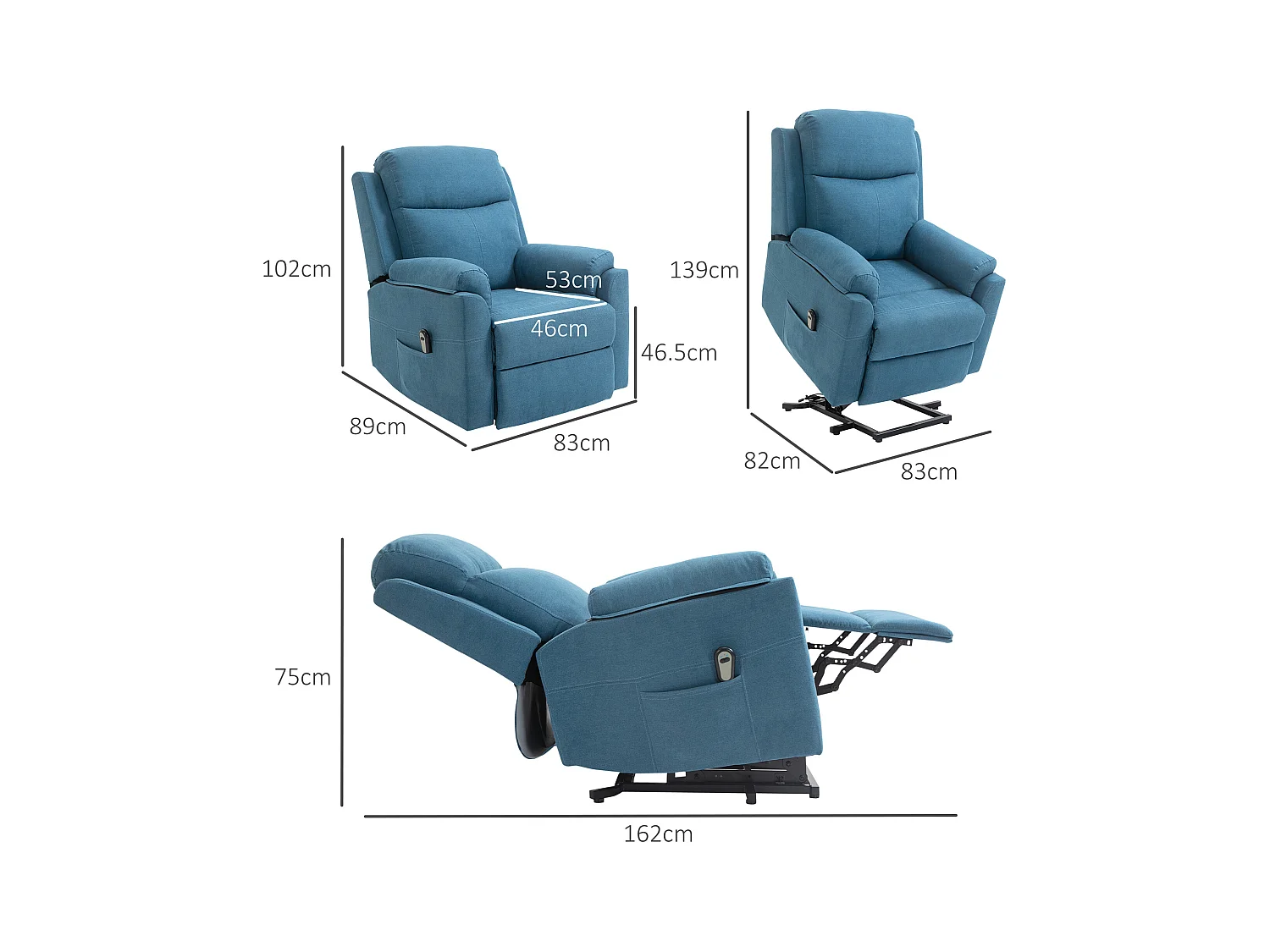 Sillón eléctrico reclinable en tejido de lino con elevación reclinable, azul, 83x89 cm