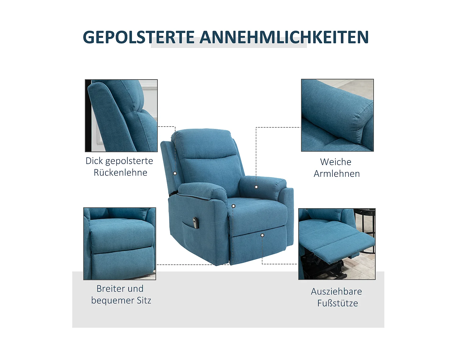 Sillón eléctrico reclinable en tejido de lino con elevación reclinable, azul, 83x89 cm
