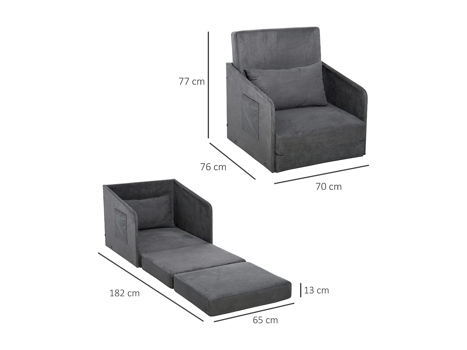 Sofá cama individual 70x76x77 cm metal gris con funda extraíble y almacenaje