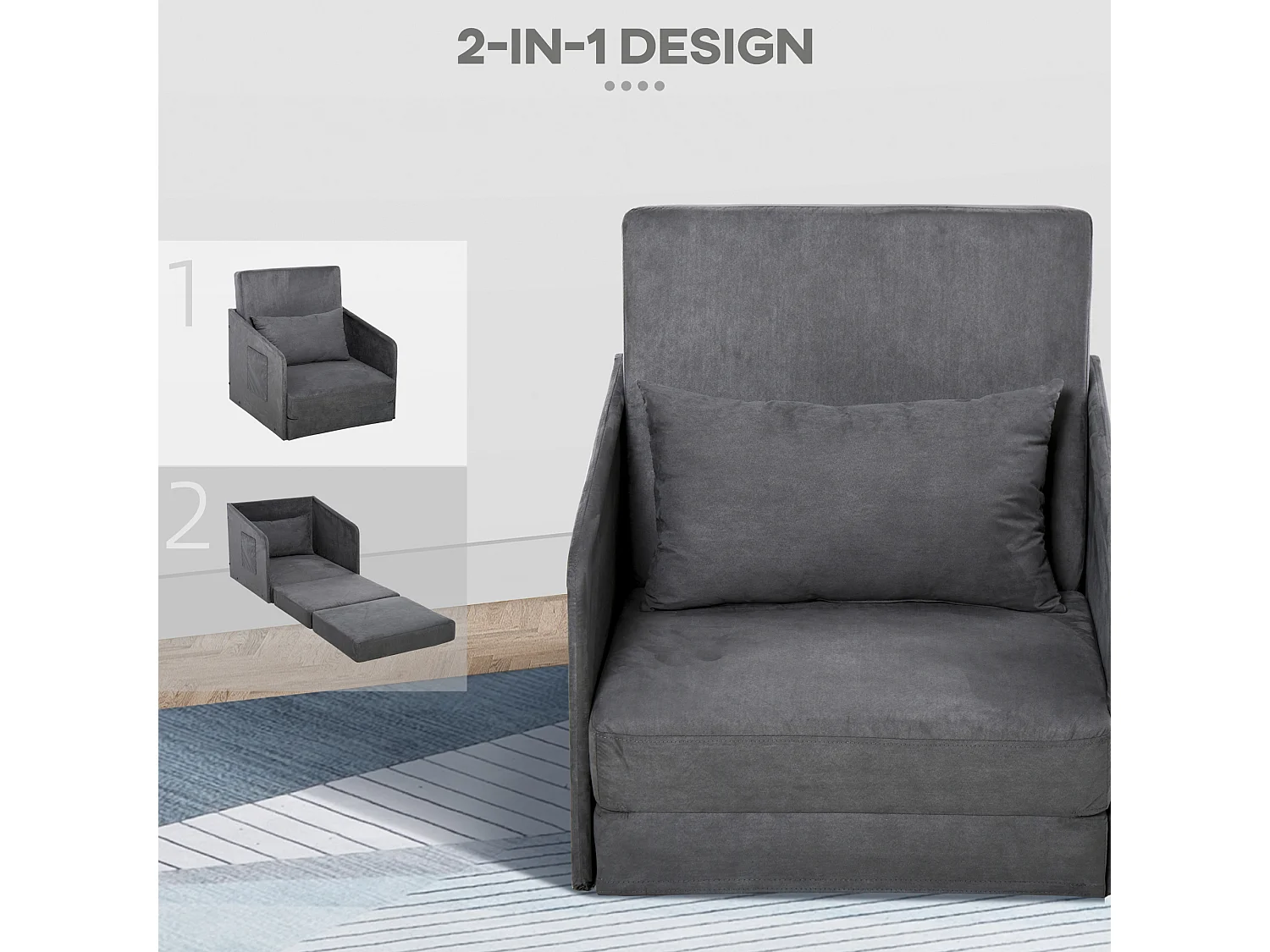 Sofá cama individual 70x76x77 cm metal gris con funda extraíble y almacenaje