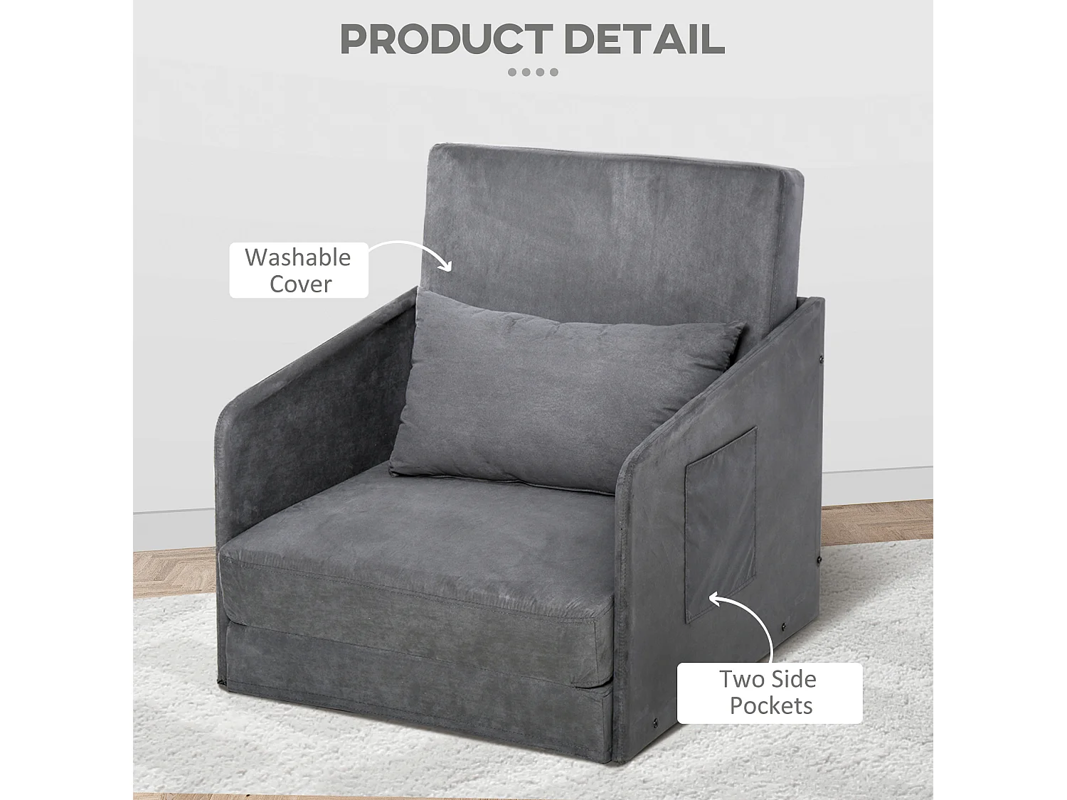 Sofá cama individual 70x76x77 cm metal gris con funda extraíble y almacenaje