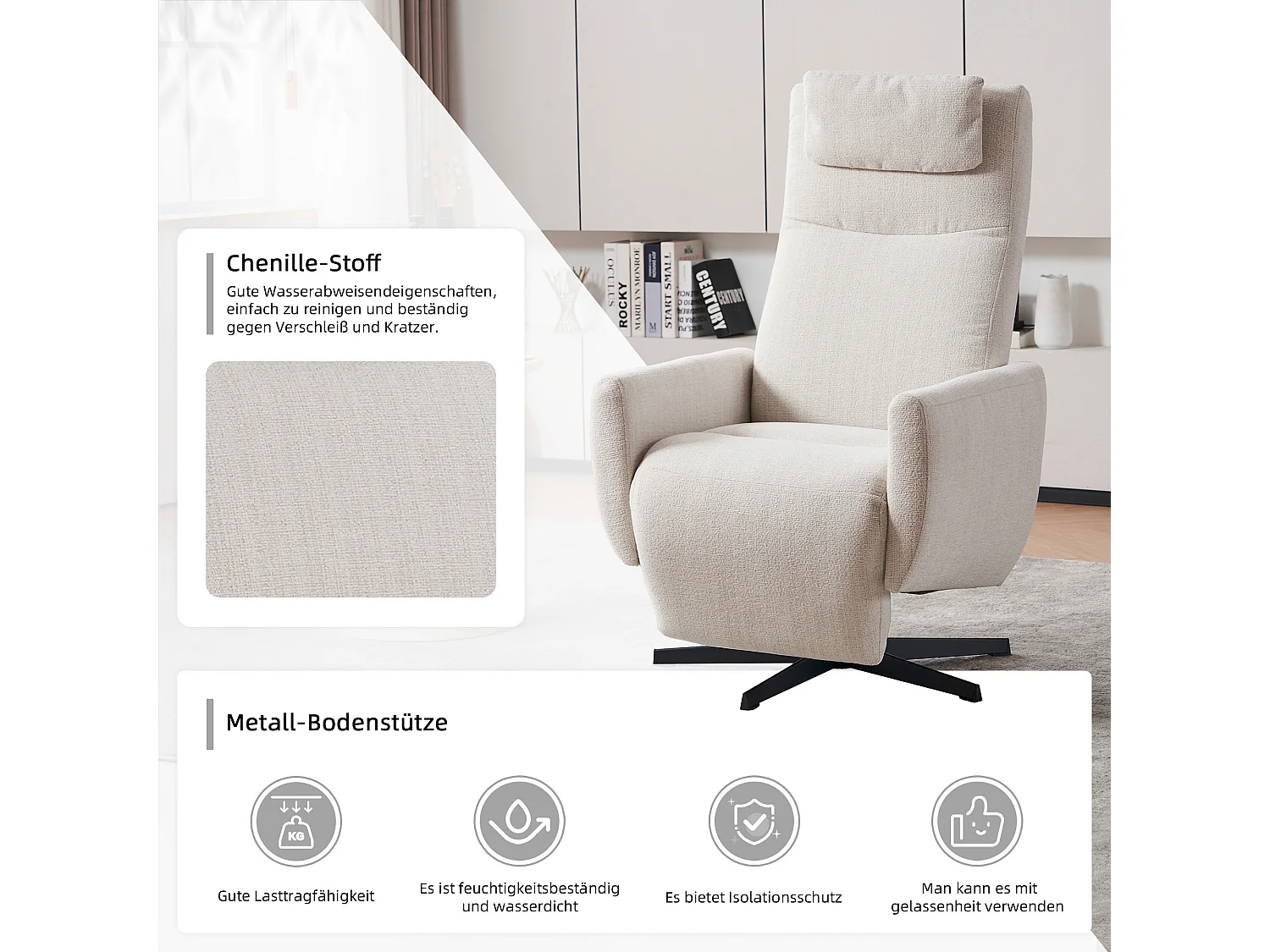 Fauteuil relax ciniglia inclinabile con riposo-pieds rotazione 360° pour salon chambre beige