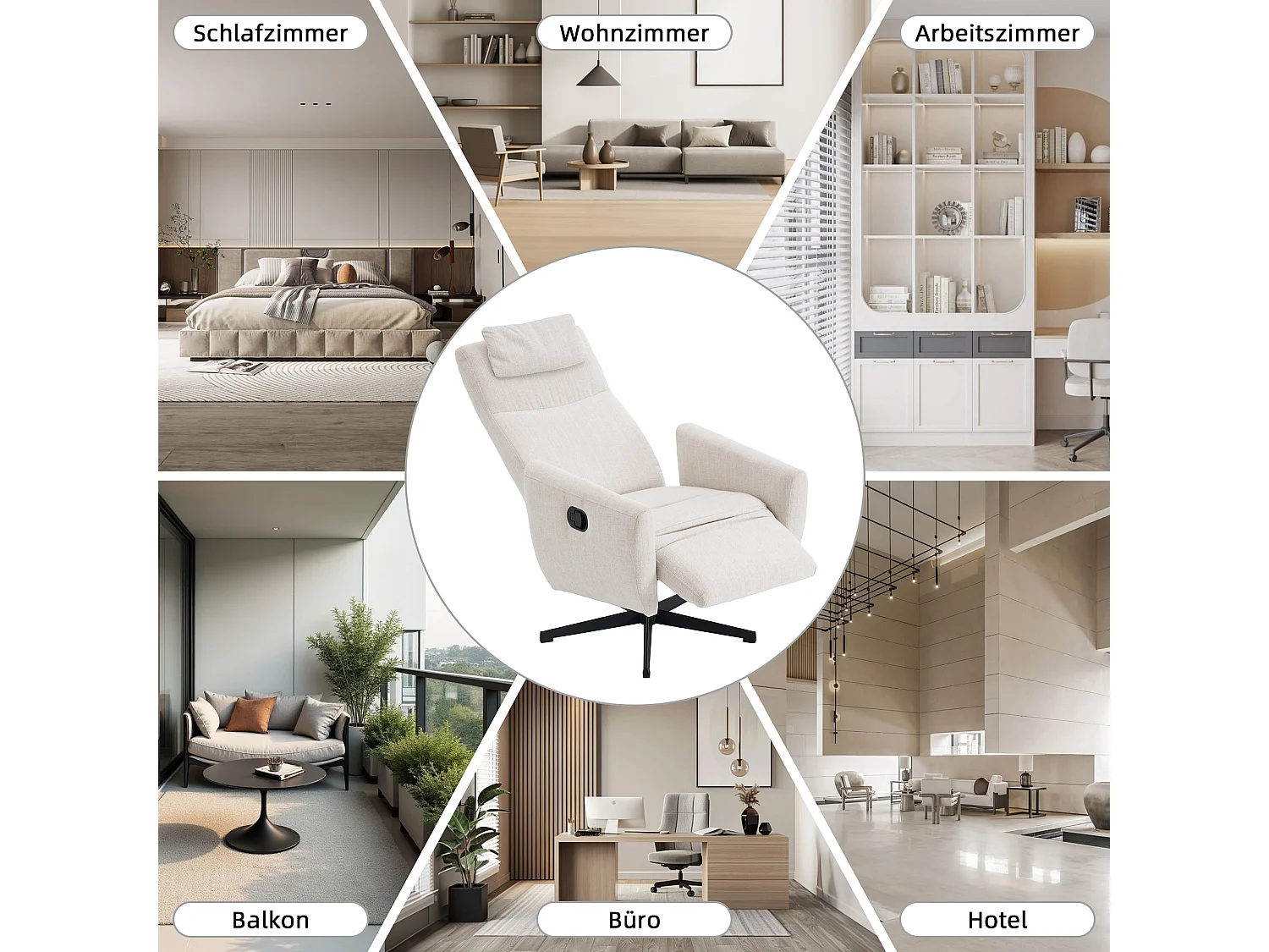 Fauteuil relax ciniglia inclinabile con riposo-pieds rotazione 360° pour salon chambre beige