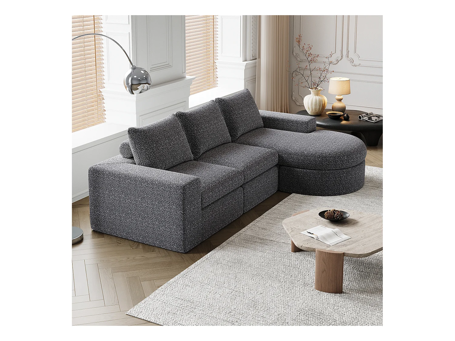 Sofá modular L de chenilla con chaise longue de espuma sin montaje para salón y dormitorio