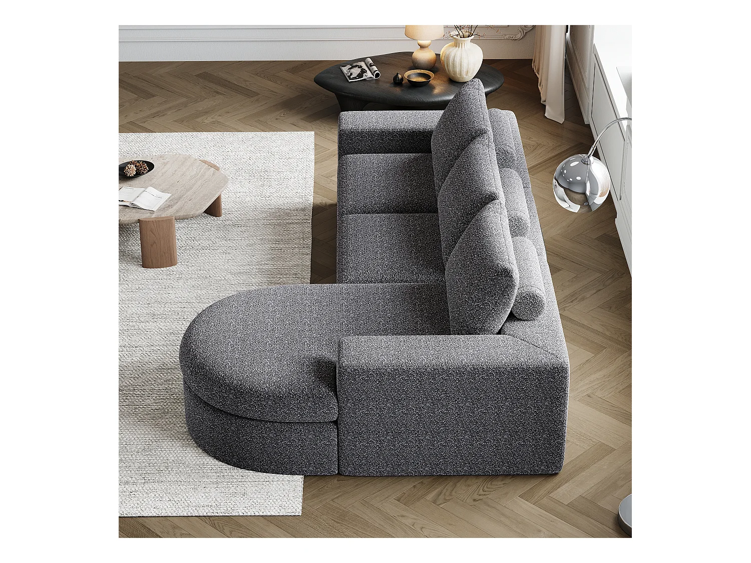 Sofá modular L de chenilla con chaise longue de espuma sin montaje para salón y dormitorio