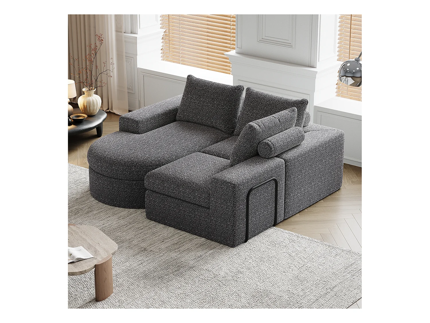 Sofá modular L de chenilla con chaise longue de espuma sin montaje para salón y dormitorio