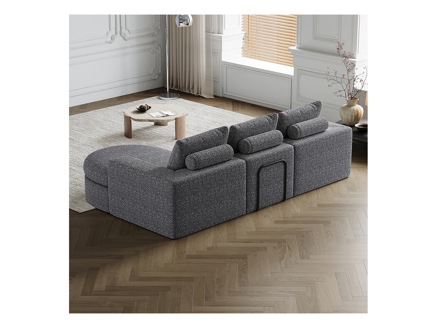 Sofá modular L de chenilla con chaise longue de espuma sin montaje para salón y dormitorio