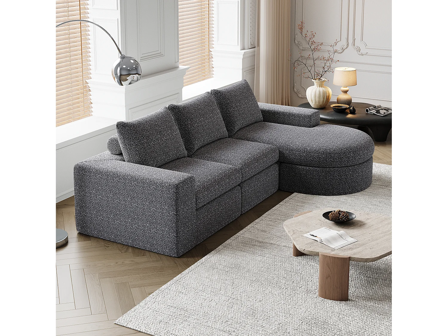 Canapé modulabile in ciniglia L con chaise longue in mousse senza montaggio per salone e camera