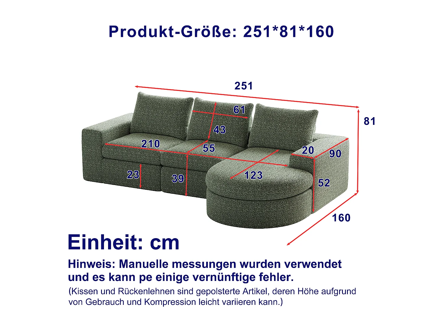Canapé modulabile in ciniglia L con chaise longue in mousse senza montaggio per salone e camera