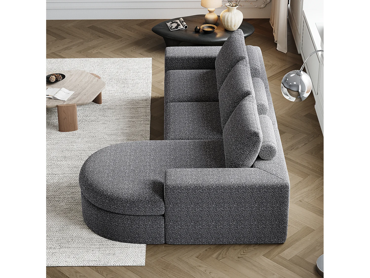 Canapé modulabile in ciniglia L con chaise longue in mousse senza montaggio per salone e camera