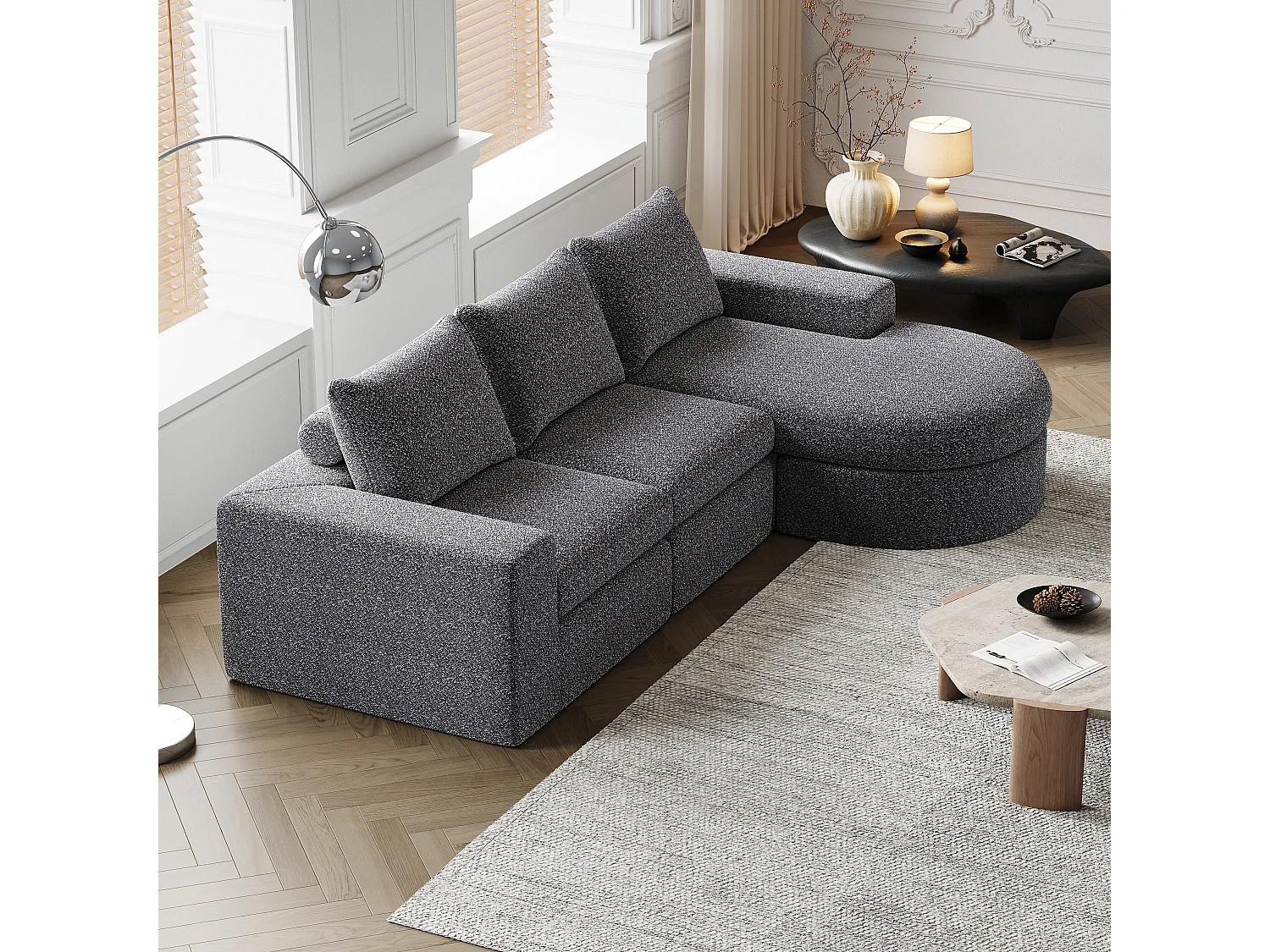 Canapé modulabile in ciniglia L con chaise longue in mousse senza montaggio per salone e camera