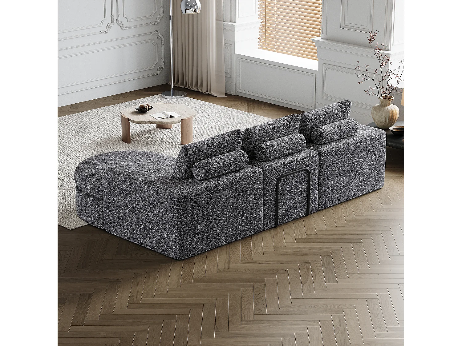 Canapé modulabile in ciniglia L con chaise longue in mousse senza montaggio per salone e camera