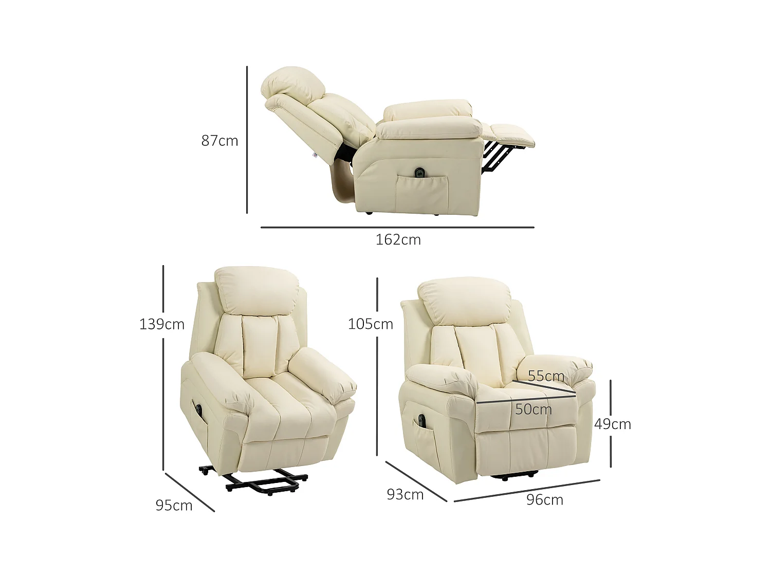 Sessel mit Aufstehhilfe, elektrischer Relaxsessel creme, 93x96x105 cm