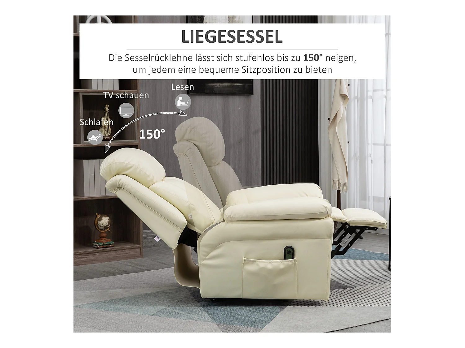 Sessel mit Aufstehhilfe, elektrischer Relaxsessel creme, 93x96x105 cm