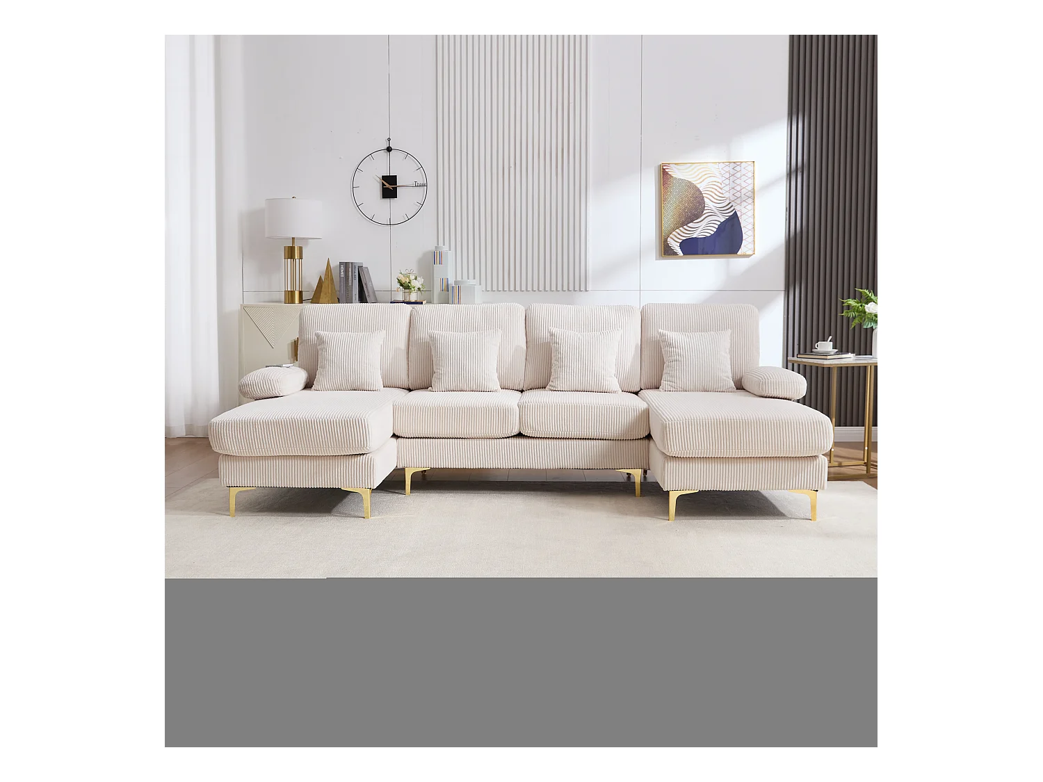 Moderno sofá esquinero de terciopelo en forma de U con LED y puerto USB para salón, 4 cojines, beige