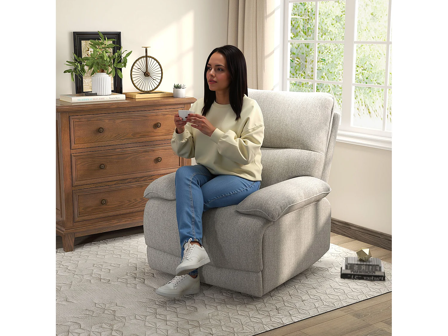 Poltrona relax rotante in tessuto foderato con poggiapiedi e sistema di resort per salone 89x98x101 cm