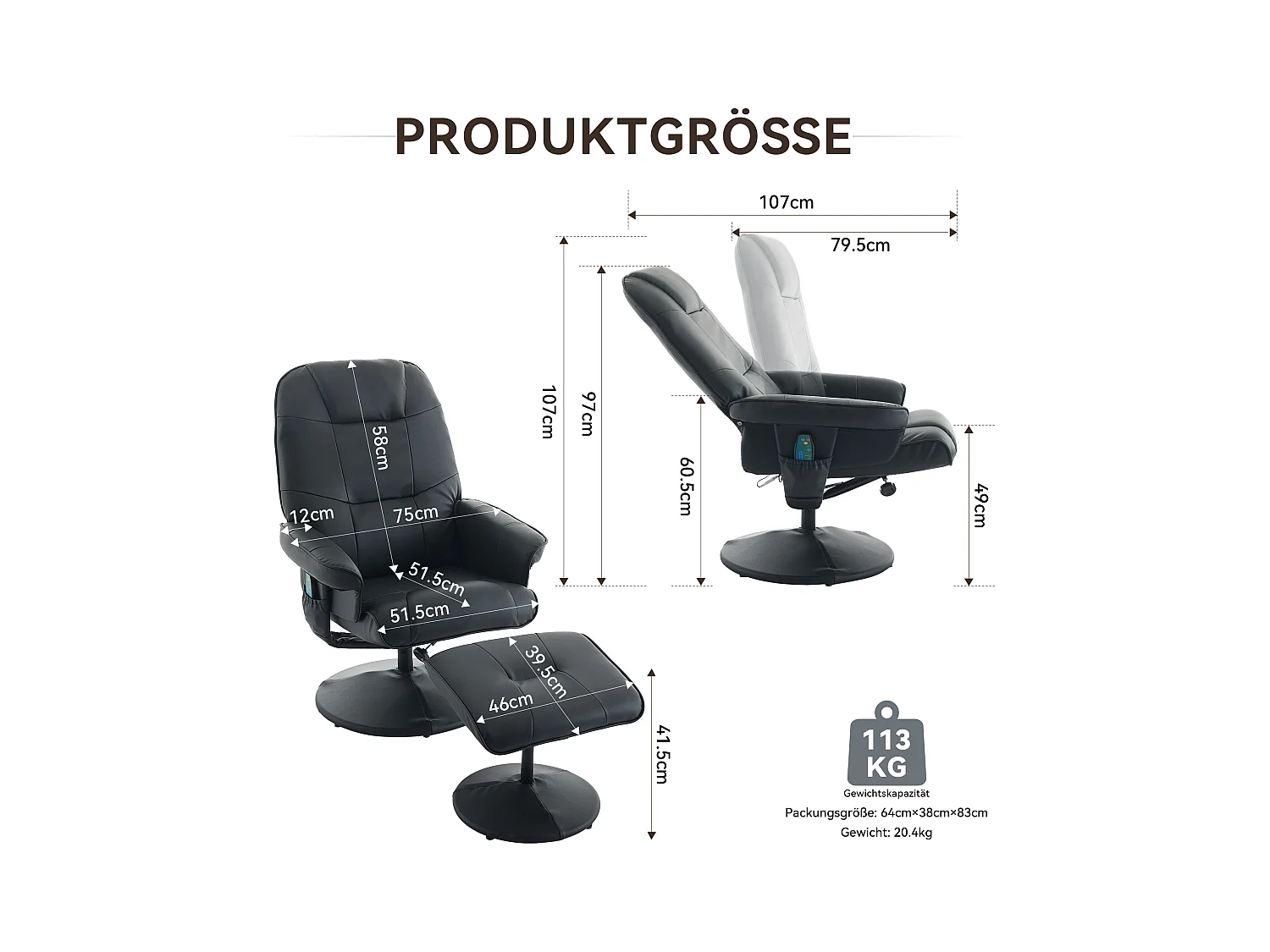 Sillón de masaje con reposapiés y calefacción, reclinable de PU, TV Relax, giratorio 360°, para salón y oficina, color negro