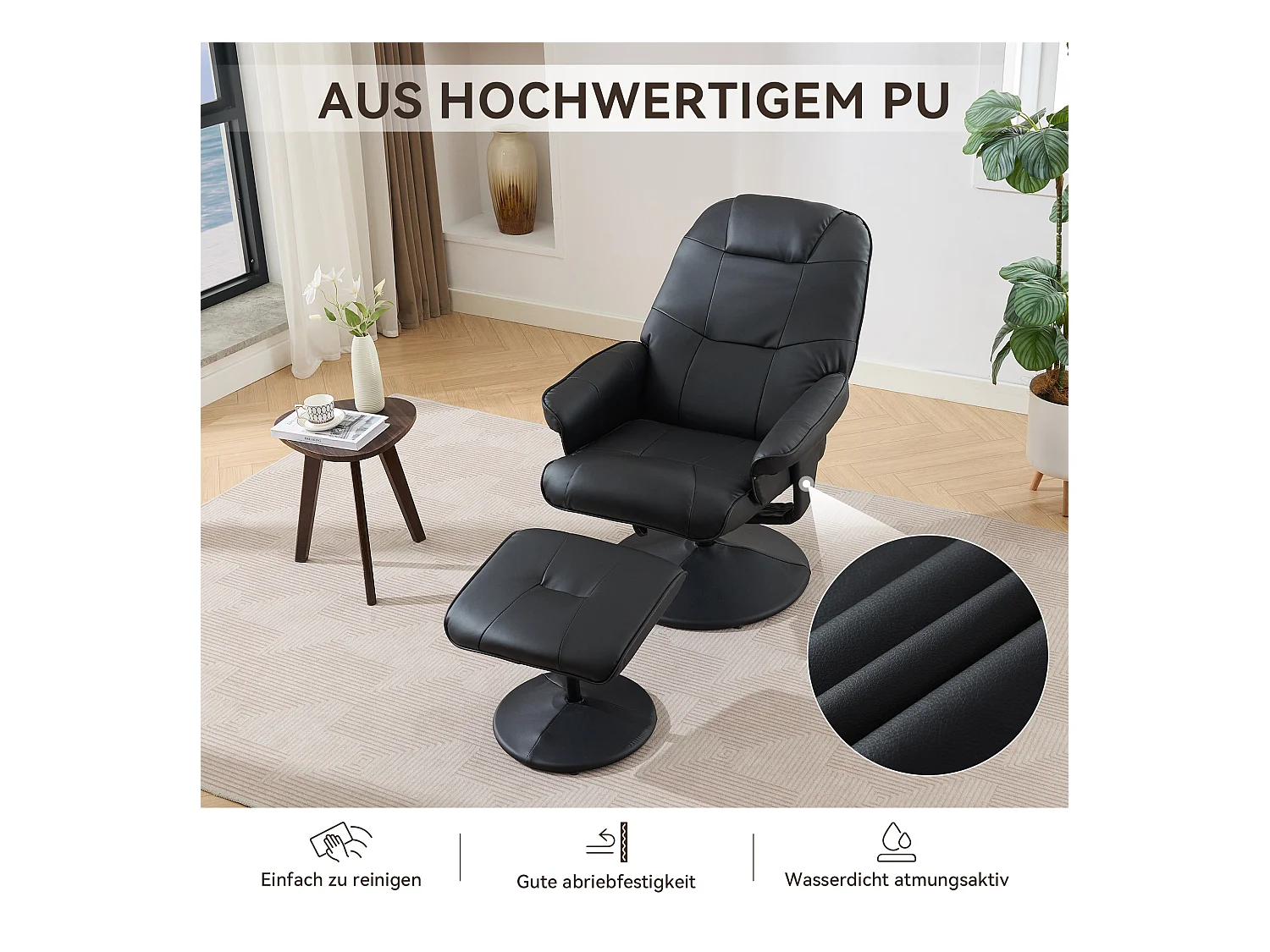 Sillón de masaje con reposapiés y calefacción, reclinable de PU, TV Relax, giratorio 360°, para salón y oficina, color negro