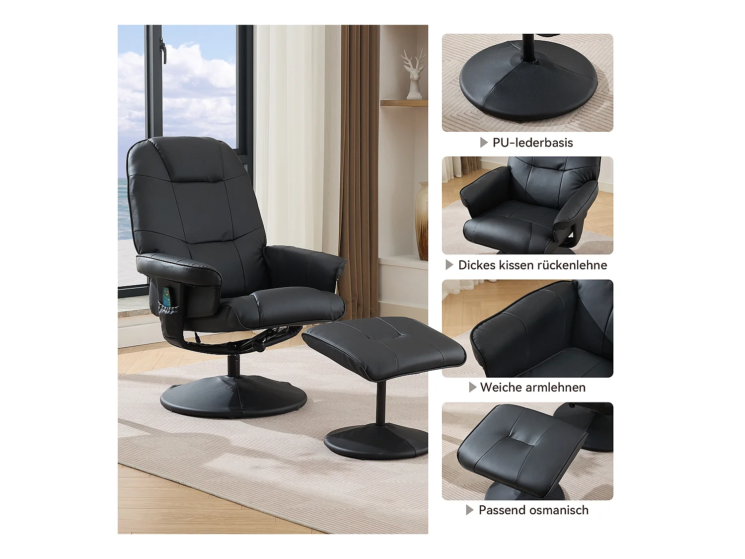 Sillón de masaje con reposapiés y calefacción, reclinable de PU, TV Relax, giratorio 360°, para salón y oficina, color negro