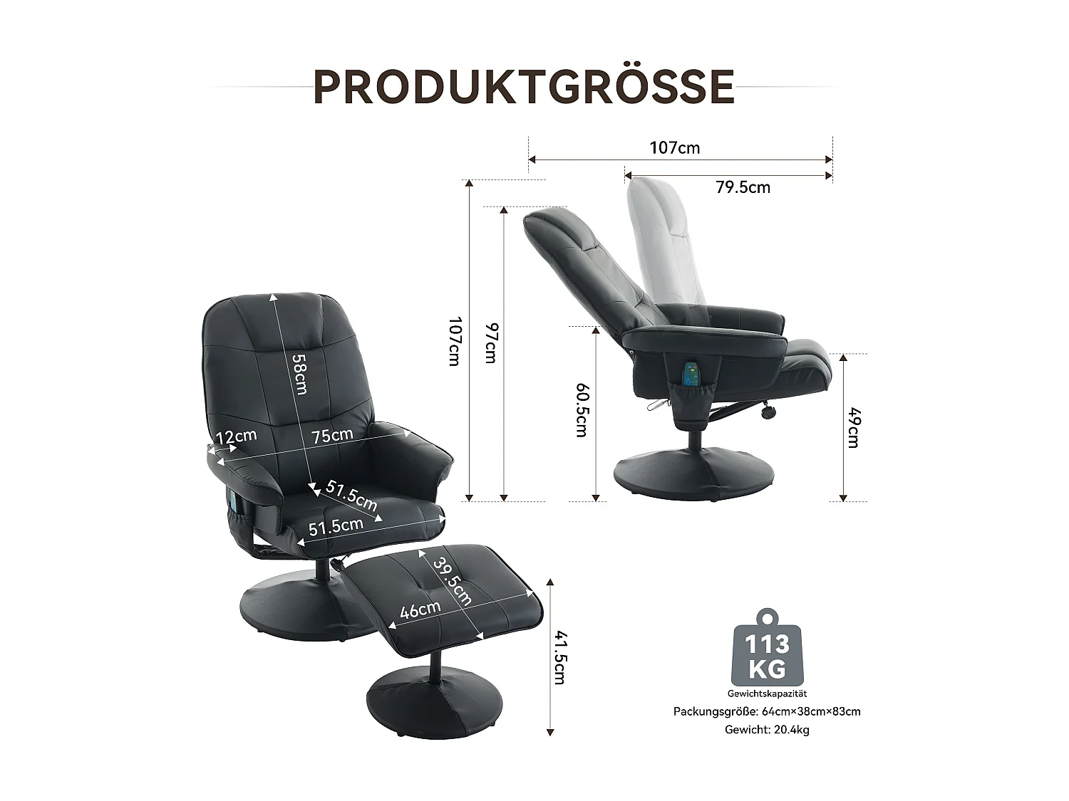 Sedia da massa con riposo e riposo, relax TV inclinabile in PU, rotazione a 360°, salone e scrivania, nera