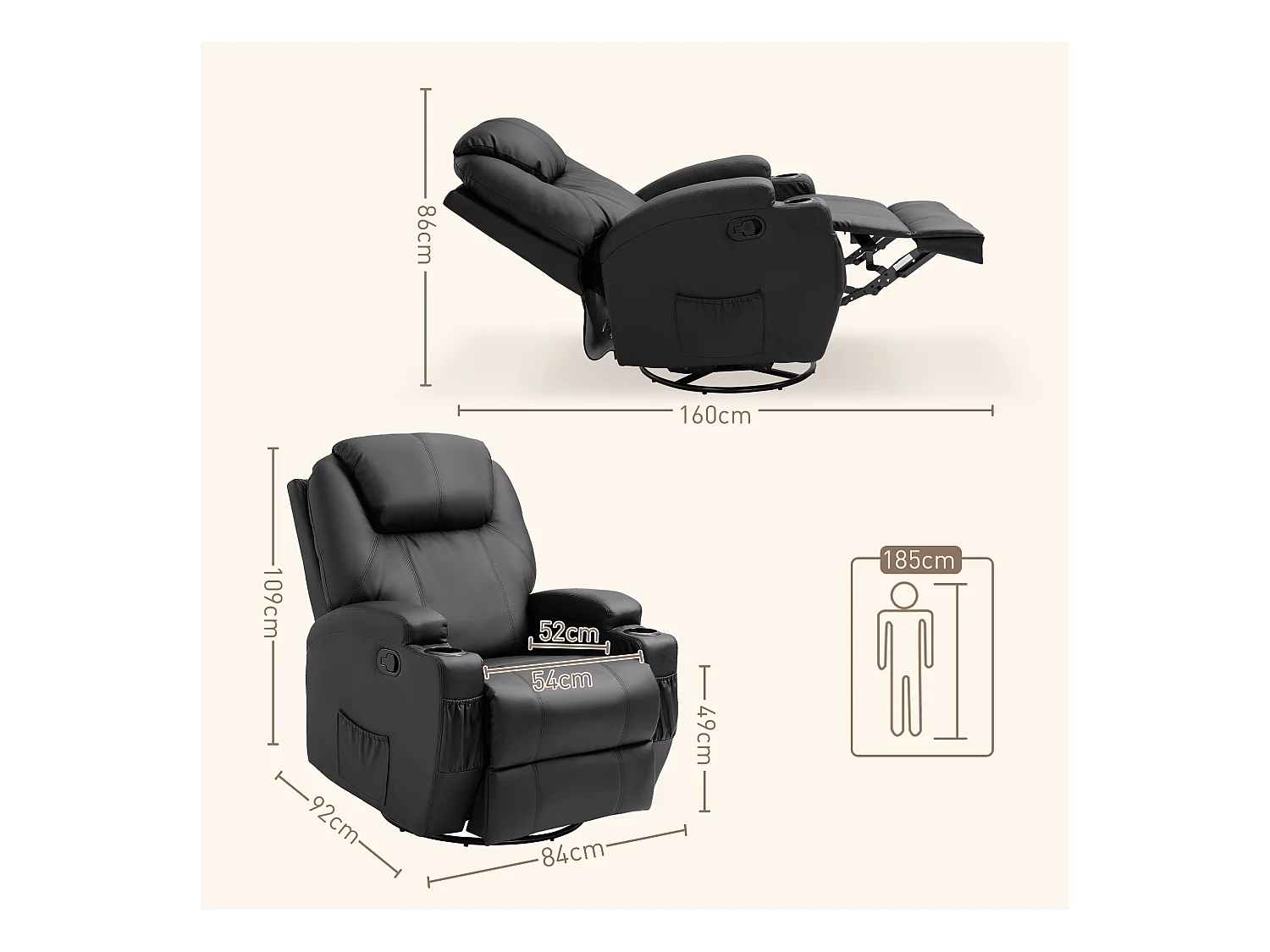 Sillón de masaje eléctrico reclinable 165° piel sintética negra 84x92x109 cm salón