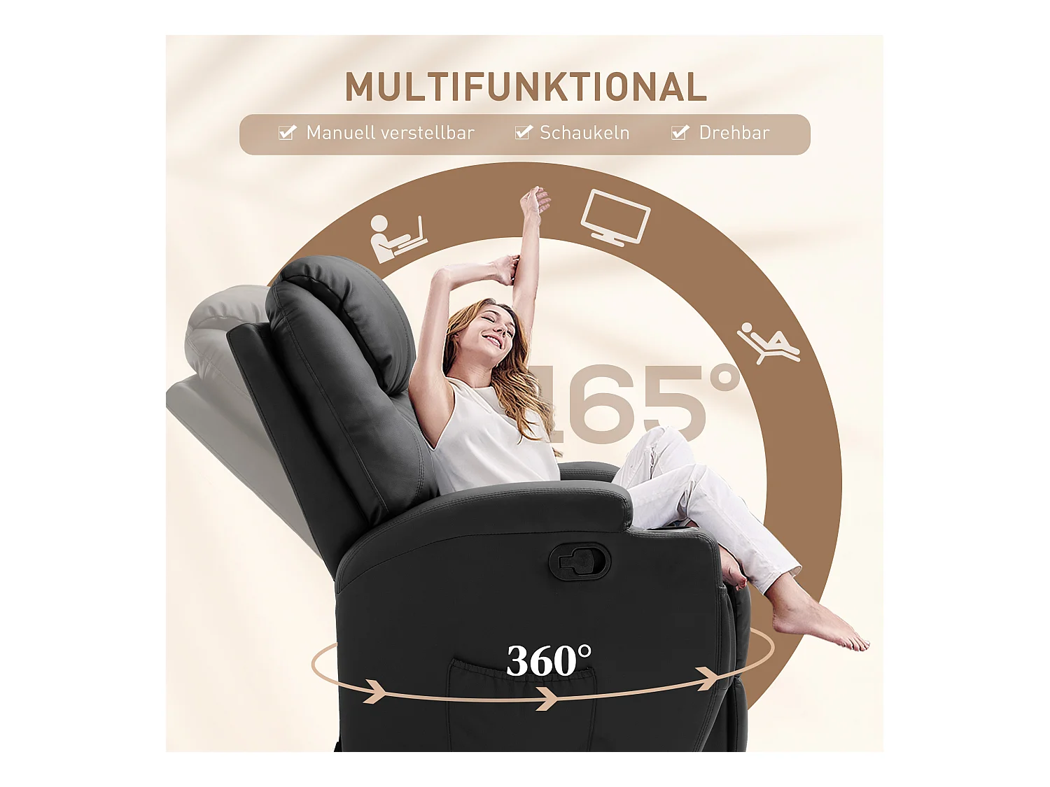 Sillón de masaje eléctrico reclinable 165° piel sintética negra 84x92x109 cm salón